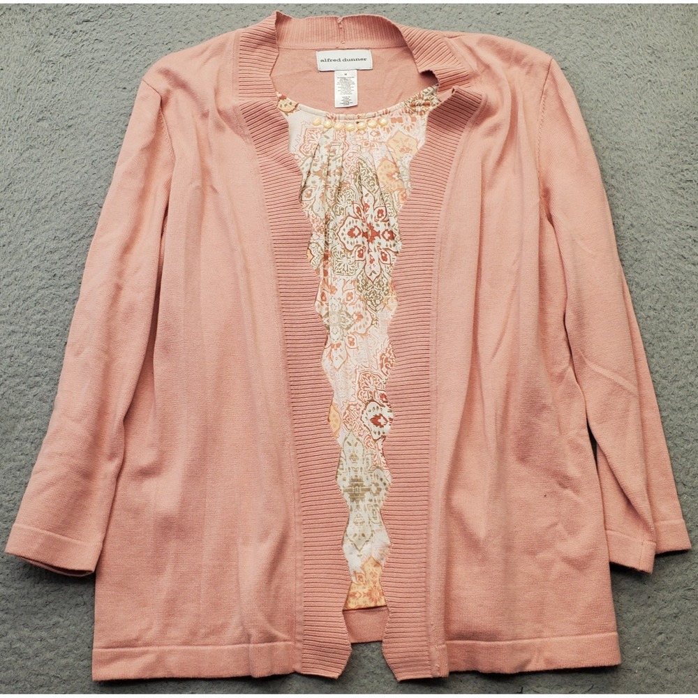 Alfred Dunner Cardigan Womens M Multi Printed Lined‎ Pleated Beaded Round Neck